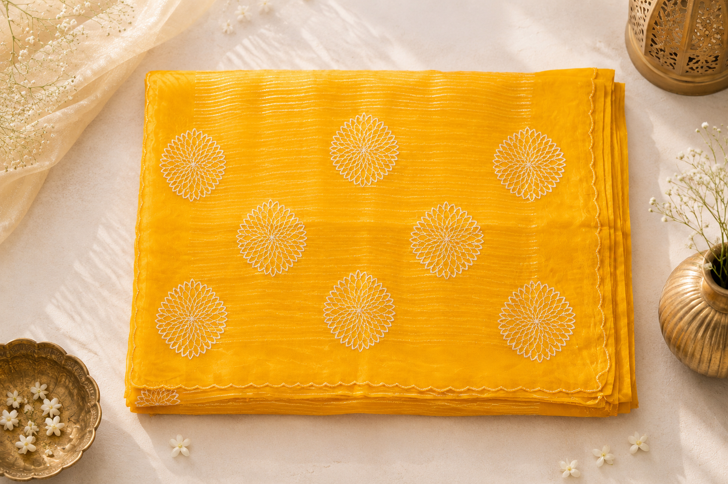Mustard Yellow Organza Saree with Silver Stripes