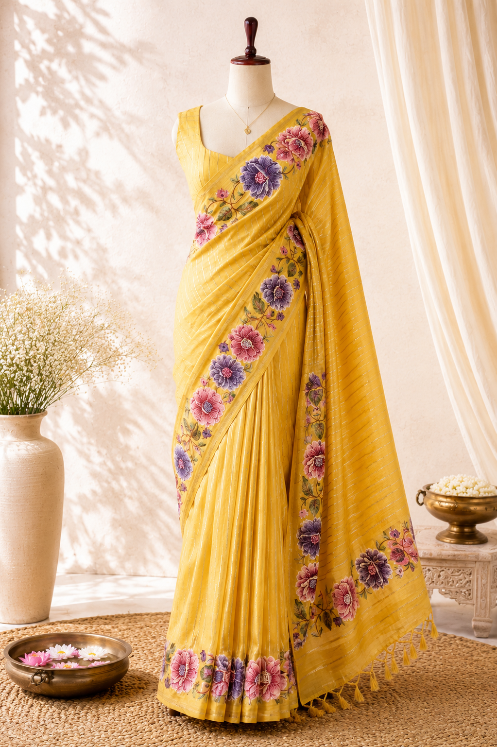 Yellow Tussar Silk Saree with Parsi Peony Floral Border and Self-Woven Gold Zari Stripes