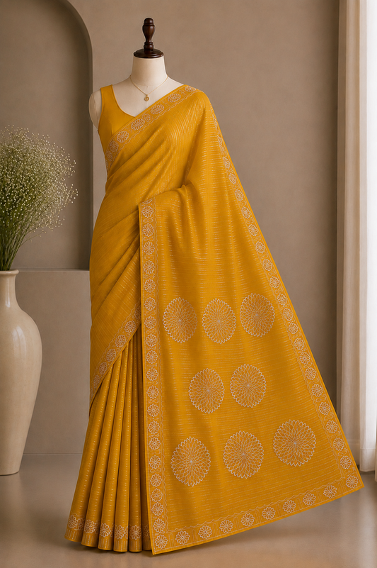 Mustard Yellow Organza Saree with Silver Stripes