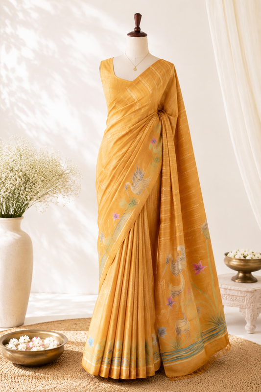 Marigold Tussar Silk Saree — Hand-Painted Crane & Lotus Motif