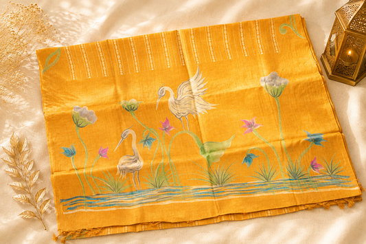 Marigold Tussar Silk Saree — Hand-Painted Crane & Lotus Motif