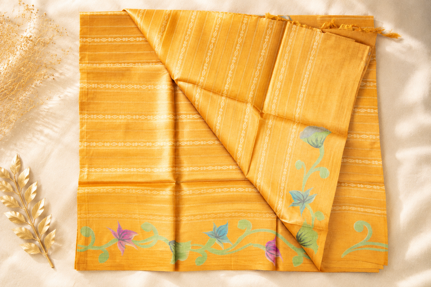Marigold Tussar Silk Saree — Hand-Painted Crane & Lotus Motif
